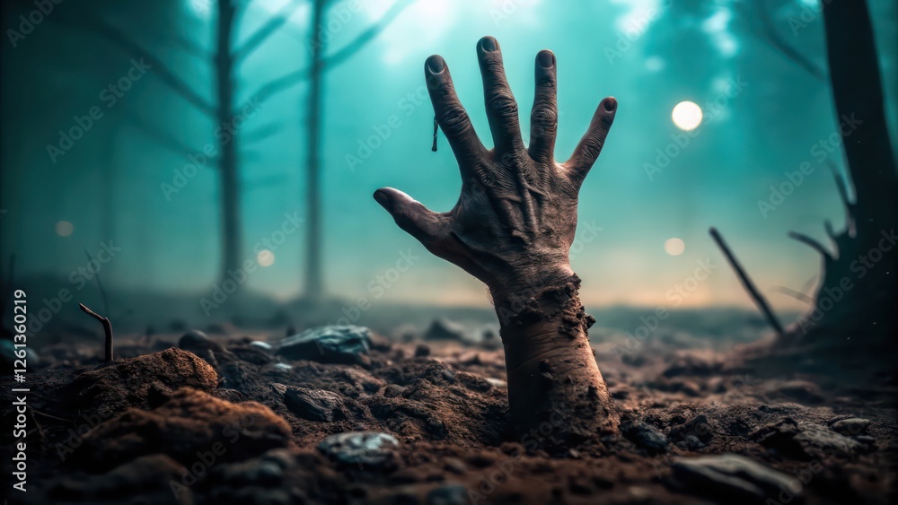 Zombie Hand Rising from the Ground in a Foggy Forest at Night Zombie Hand Rising from the Ground in a Foggy Forest at Night