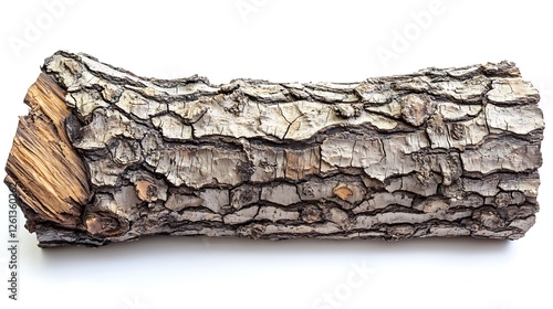 Realistic wooden tree trunk with intricate bark texture, isolated on a bright white background, captured in high-definition. photo