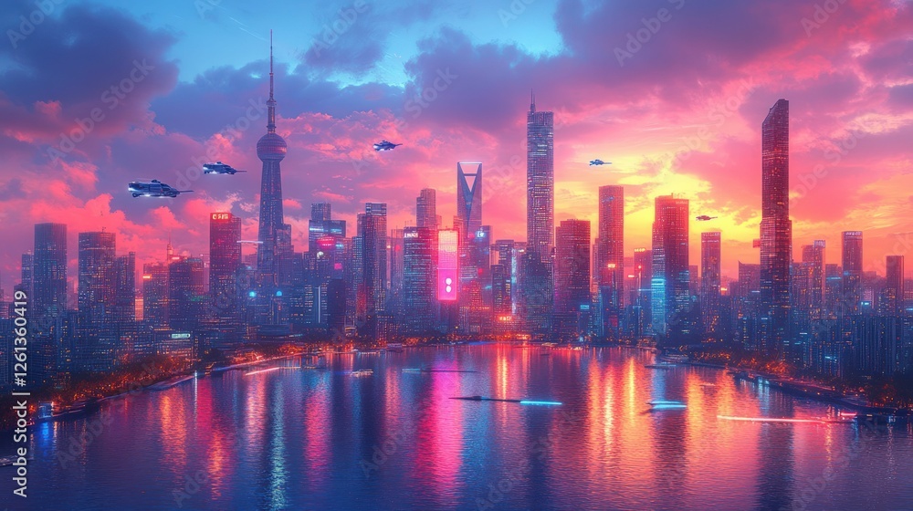 Fototapeta premium Futuristic cityscape sunset vibrant colors flying vehicles