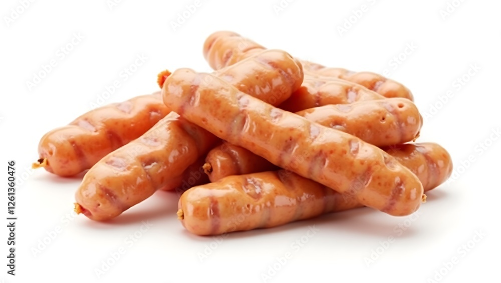Tasty sausage links piled together on a clean white surface for quick meal prep Tasty sausage links piled together on a clean white surface for quick meal prep