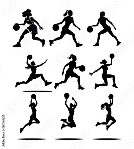 Wallpaper Mural Set of sporty women silhouettes workout playing basketball, hobby and leisure Torontodigital.ca