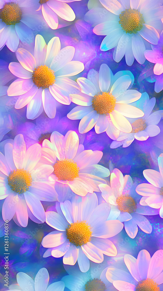 A seamless pattern of pastel rainbow daisies, their petals glowing with soft hues
A seamless pattern of pastel rainbow daisies, their petals glowing with soft hues