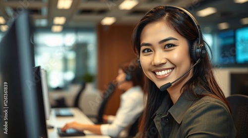 Filipino Female Call Center Agent Smiling While Wearing a Headset in a Modern Office