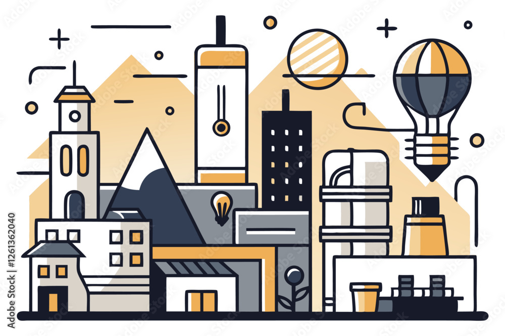 Obraz premium Electricity and Power Line Icons – Light Bulbs, Electrical Equipment, and Energy Symbols Vector Set, Minimalist line art electricity icons – power lines, bulbs, tools, and energy symbols in vector for