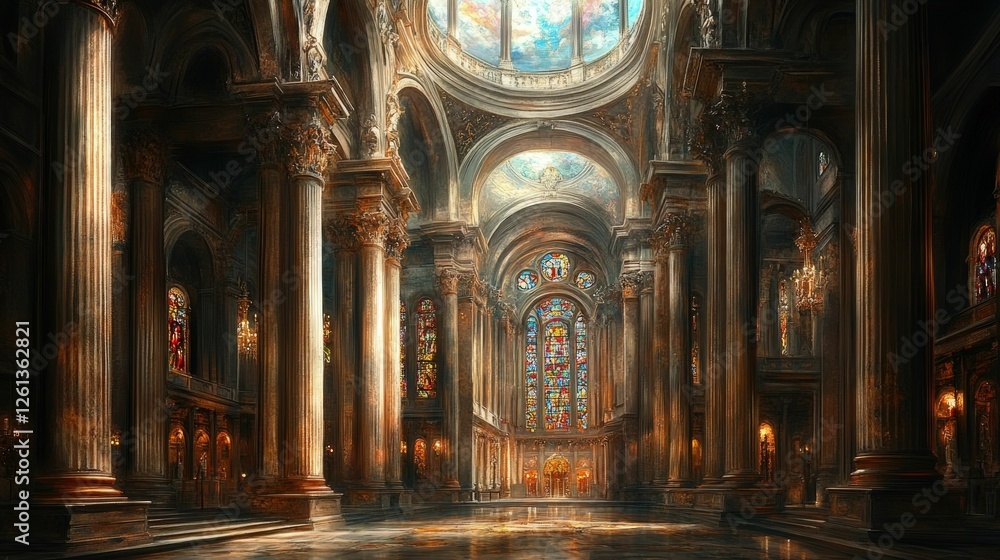 Fototapeta premium Majestic cathedral interior, stained glass, golden light.