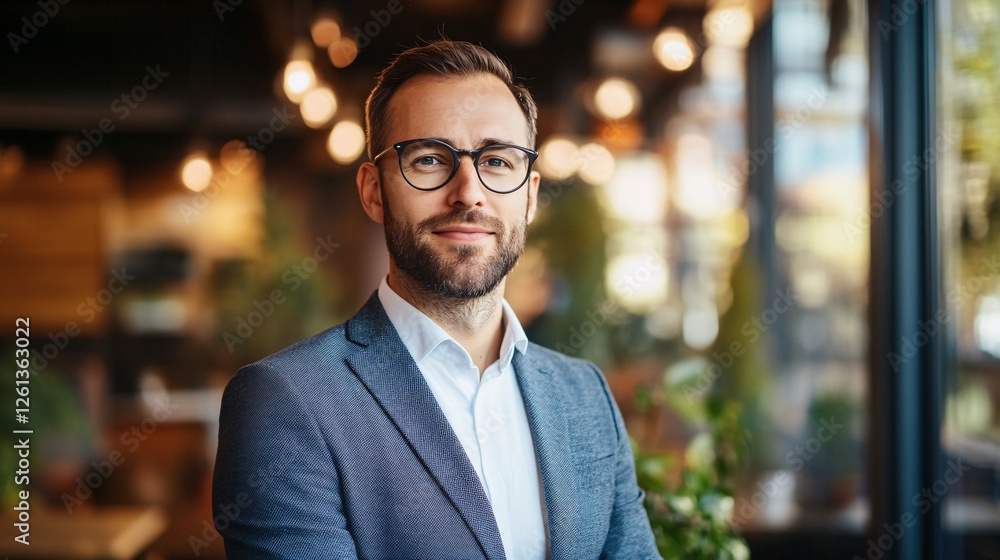 Obraz premium Confident Businessman Portrait Professional Office Attire Stylish Glasses Modern Workplace Background Successful Entrepreneur Serious Expression