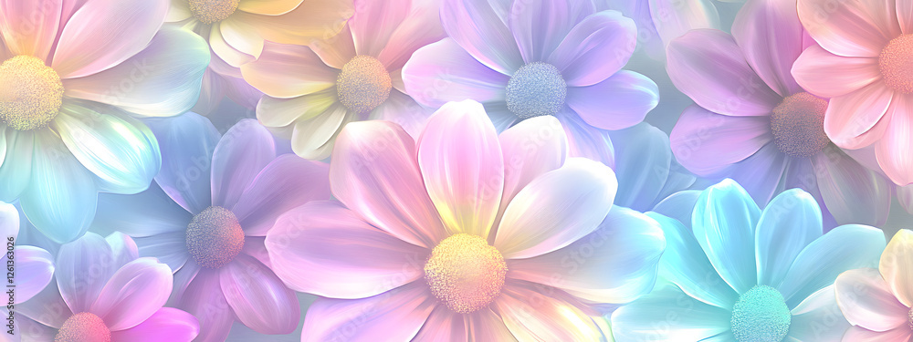 Fototapeta premium A seamless pattern of pastel rainbow daisies, their petals glowing with soft hues 