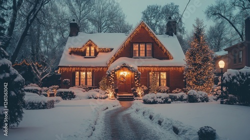 Festive winter wonderland home illuminated with holiday cheer and snowy charm
