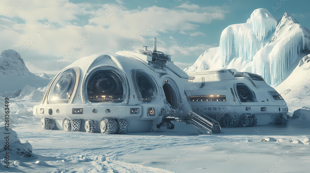 Obraz premium Terraforming equipment, alien snowfields, massive ice structures, sci-fi design. Alien Ice Palaces. Illustration