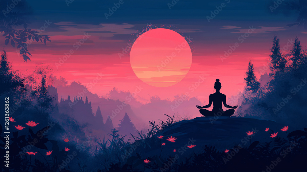 Fototapeta premium A peaceful yoga scene at sunrise, with a person meditating on a hill, promoting mental and physical health