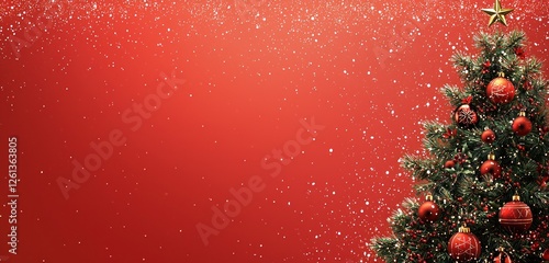 A red holiday background with a Christmas tree decor and ornaments on the right, leaving ample space for text on the left