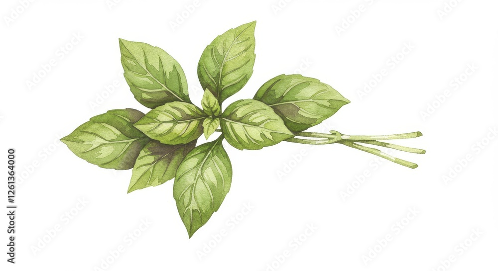 Fototapeta premium Watercolor leaves of basil on white background