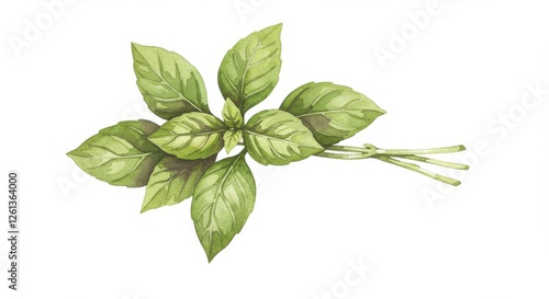 Watercolor leaves of basil on white background