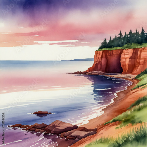 watercolor illustration of a coastal view in Prince Edward Island, with soft pink and purple hues of sunset reflecting on the calm sea and the iconic red cliffs of the island
