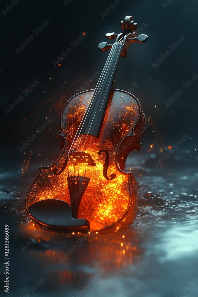 Fototapeta premium Fiery violin rests on dark reflective surface