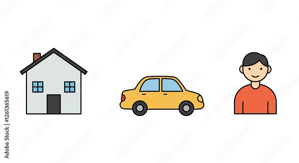 Simple Icon Set: House, Car, Person - Cartoon Vector Illustration of Basic Possessions on White Background. Simple Icon Set: House, Car, Person - Cartoon Vector Illustration of Basic Possessions on White Background.