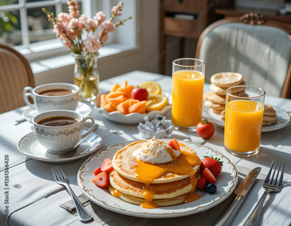 Delicious pancakes with fruit and drinks on sunny breakfast table Delicious pancakes with fruit and drinks on sunny breakfast table