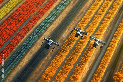 Aerial View of Drones Surveying Vibrant Flower Fields photo