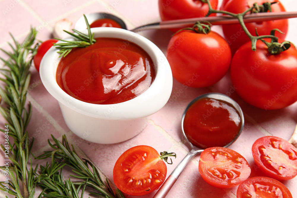 Bowl with tasty ketchup and fresh tomatoes on pink tile background, closeup Bowl with tasty ketchup and fresh tomatoes on pink tile background, closeup