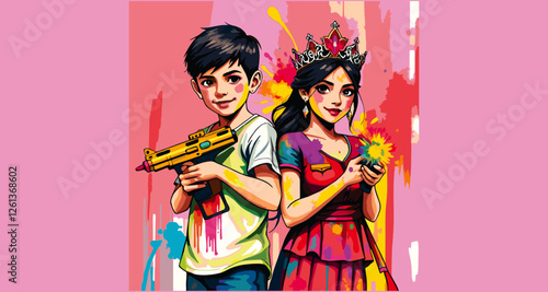 A vibrant illustration features a boy and a girl, likely engaged in a Holi celebration.