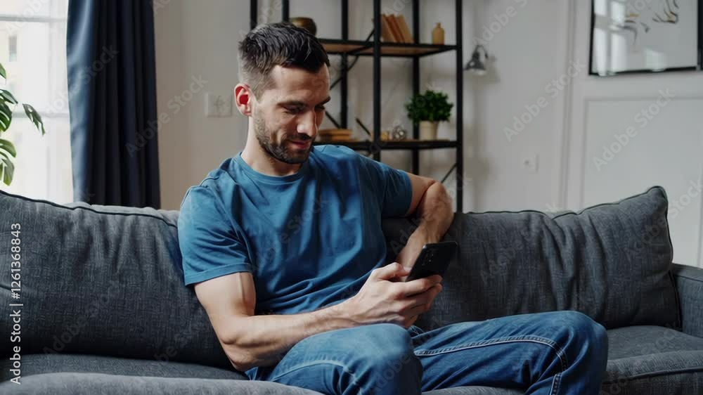 Happy Handsome Caucasian Man Using Smartphone in Cozy Living Room at Home. Man Resting on Comfortable Sofa. He's Browsing the Internet and Checking Videos on Social Networks and Having Fun Happy Handsome Caucasian Man Using Smartphone in Cozy Living Room at Home. Man Resting on Comfortable Sofa. He's Browsing the Internet and Checking Videos on Social Networks and Having Fun