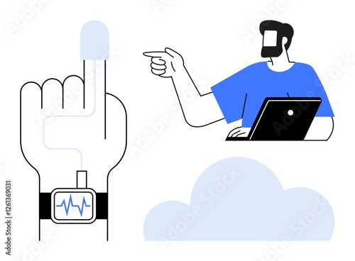 Man operating a laptop while pointing, digital hand with a heart rate monitor connected to the index finger, and a cloud symbol. Ideal for health tech, remote monitoring, data analysis, cloud