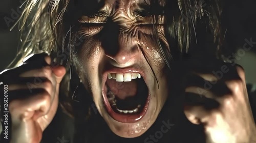 Close-up of a woman's face screaming, showing intense emotion and stress.