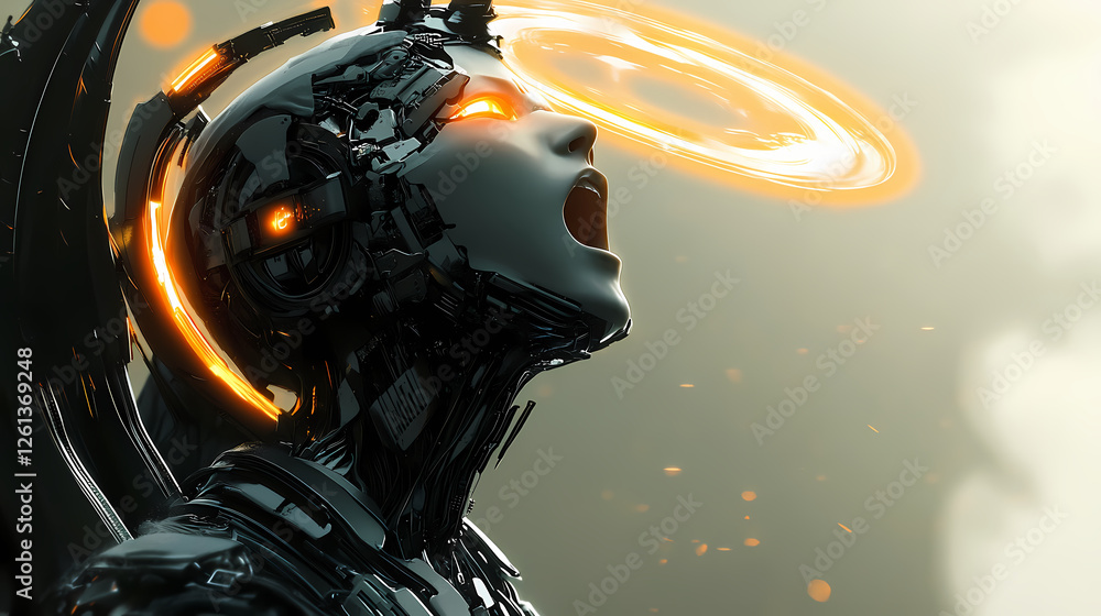 A close-up of a cybernetic angelic entity with a glowing halo, emitting a cry of wonder and joy. Mechanical Angelic Beings. Illustration A close-up of a cybernetic angelic entity with a glowing halo, emitting a cry of wonder and joy. Mechanical Angelic Beings. Illustration
