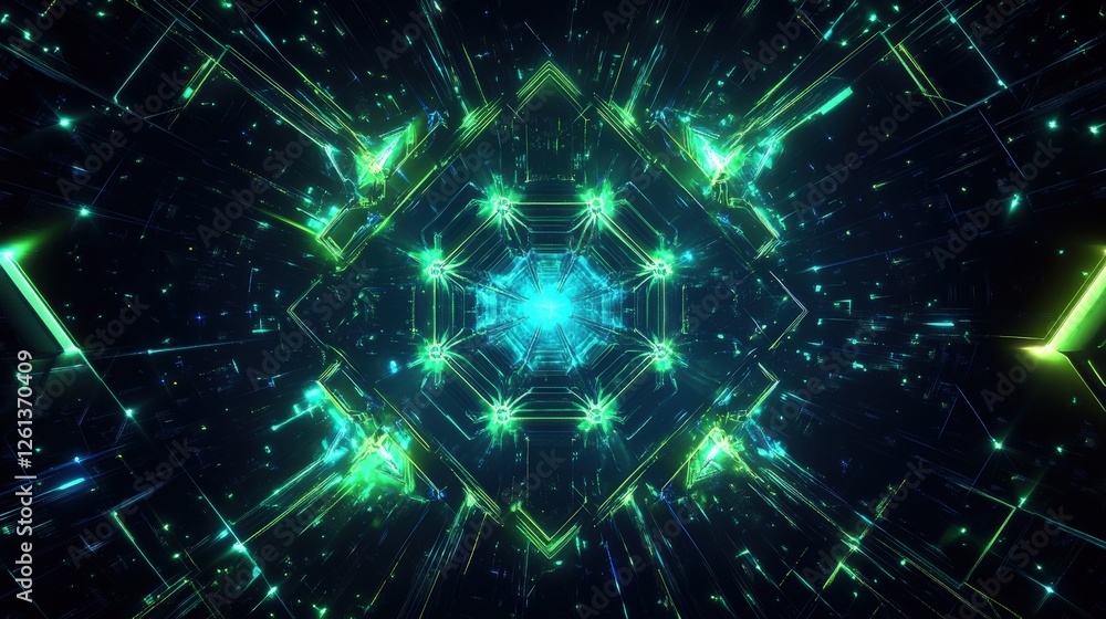 Abstract Green And Blue Digital Kaleidoscope Tunnel Abstract Green And Blue Digital Kaleidoscope Tunnel