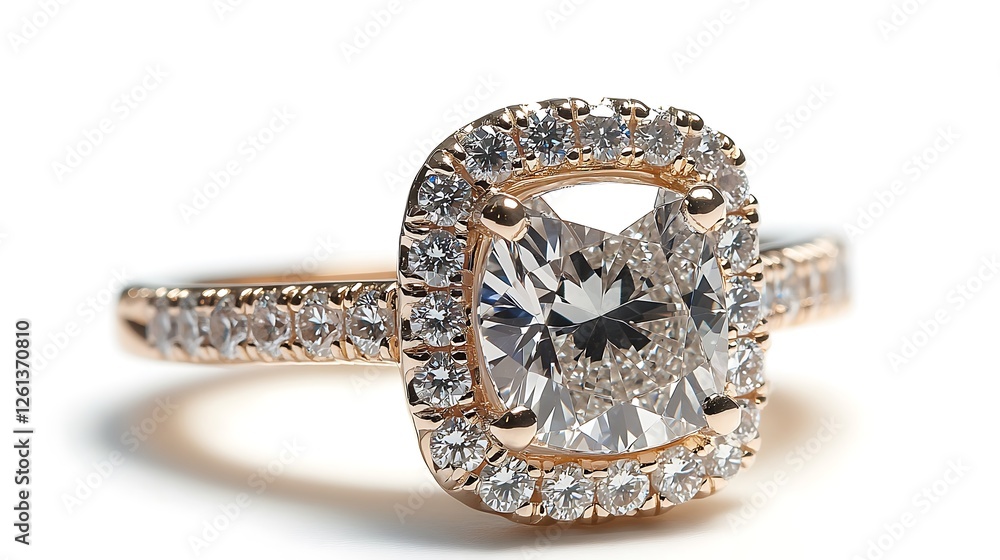 Rose gold engagement ring with a cushion-cut diamond and double halo setting, on a white background. Rose gold engagement ring with a cushion-cut diamond and double halo setting, on a white background.