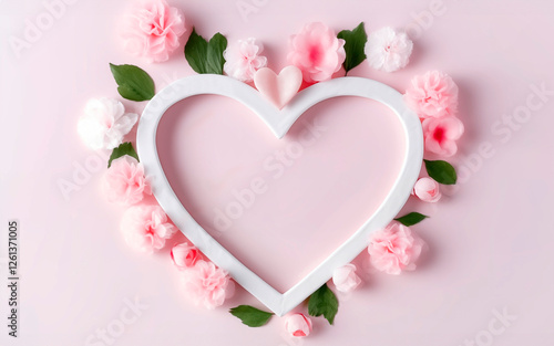 Heart-shaped frame with pink flowers on pastel background
