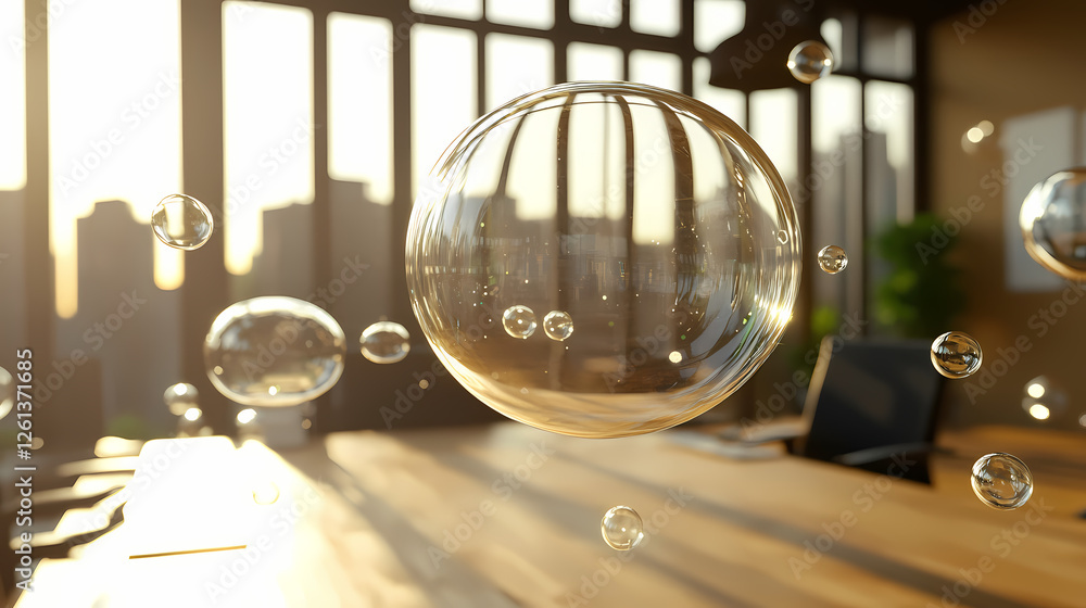 Abstract glass bubbles floating in an office meeting room. Ethereal Glass Cities. Illustration Abstract glass bubbles floating in an office meeting room. Ethereal Glass Cities. Illustration