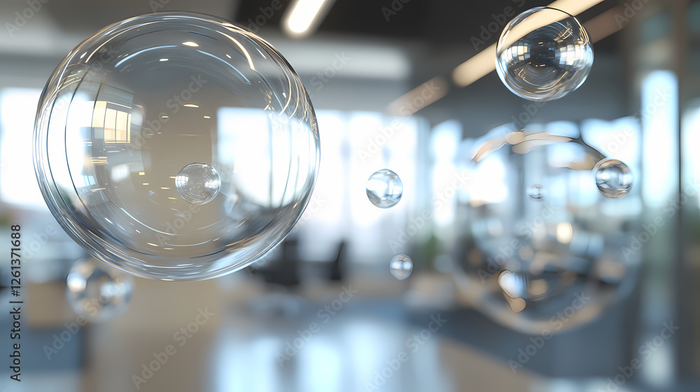 Abstract glass bubbles floating in an office meeting room. Ethereal Glass Cities. Illustration Abstract glass bubbles floating in an office meeting room. Ethereal Glass Cities. Illustration
