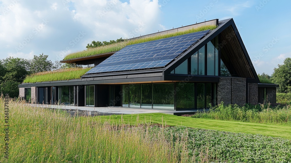 A contemporary, environmentally friendly home including a rooftop solar panel installation A contemporary, environmentally friendly home including a rooftop solar panel installation