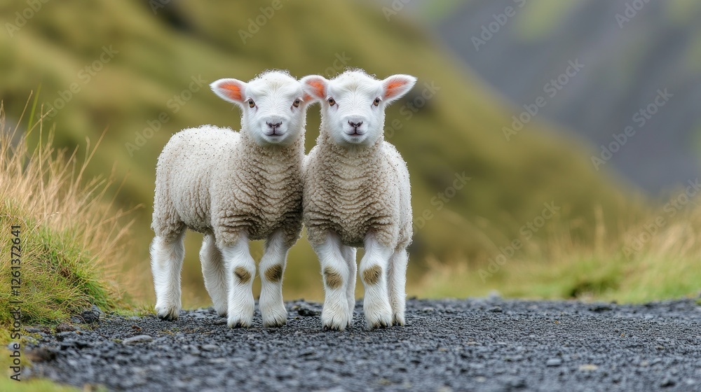 Obraz premium Iceland sheep lambs on gravel path, grassy hills in background