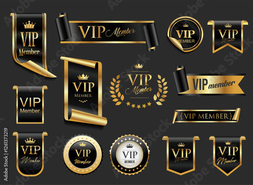 VIP, premium and gold award emblem laurel and banner black and gold isolated on gray background 