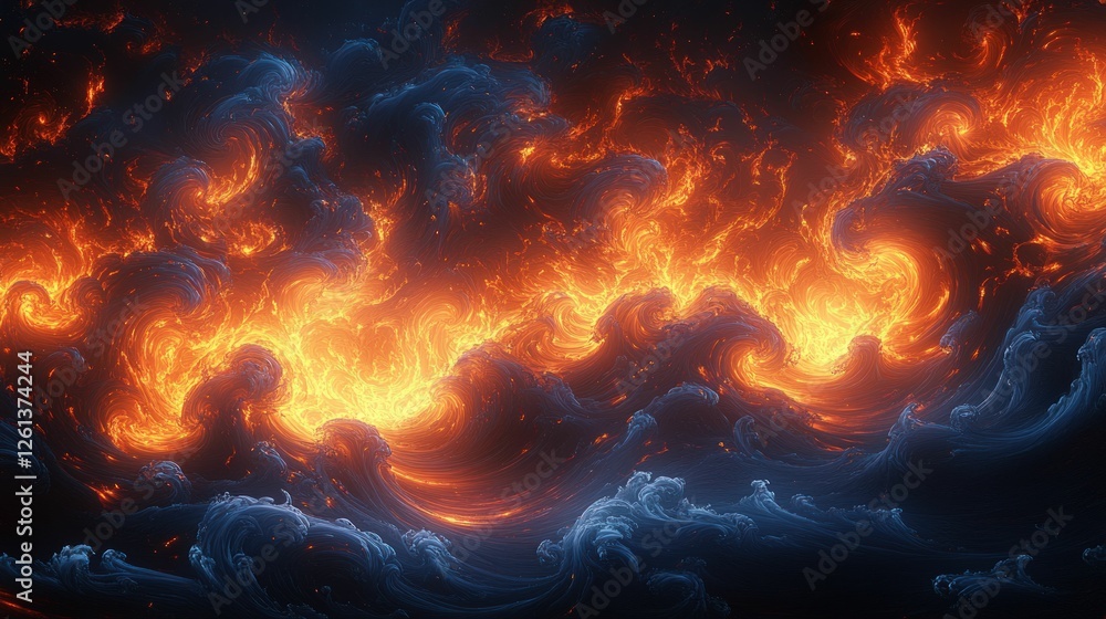 Fototapeta premium Fiery swirls clashing dark blue waves abstract art
