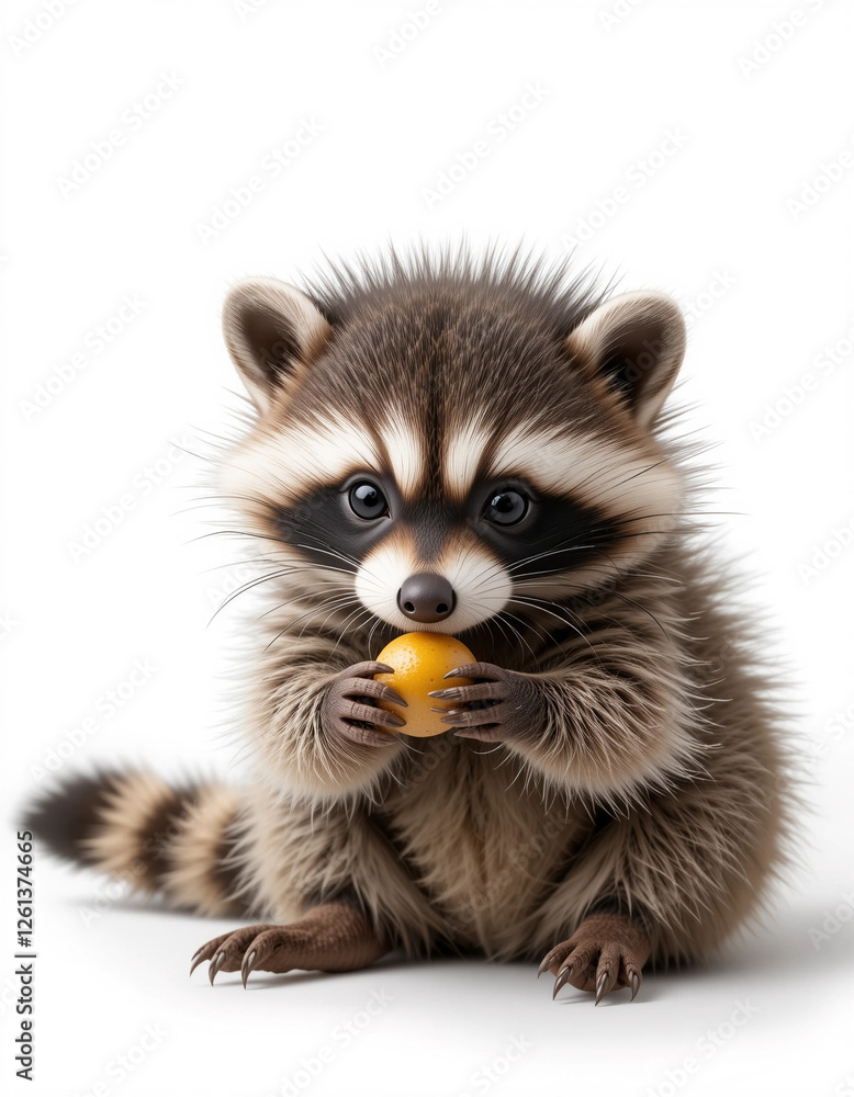 Baby Raccoon Holding a Small Piece of Fruit with Tiny Paws Baby Raccoon Holding a Small Piece of Fruit with Tiny Paws