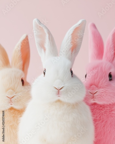 Three adorable rabbits with fluffy fur, in white, beige and pink, are posing against a matching pink backdrop photo