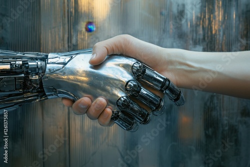 Human hand shaking a mechanical robotic hand in partnership