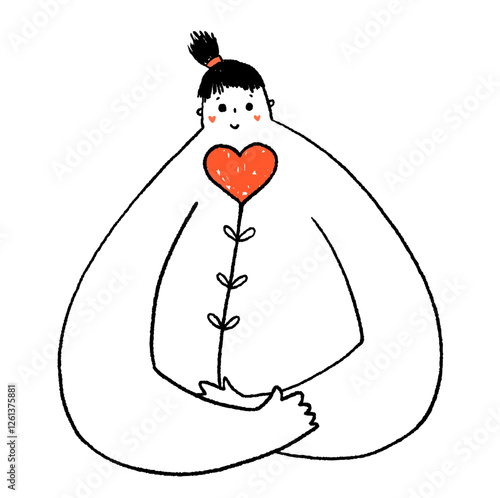 Hand drawn vector illustration, woman holding a flower heart, concept of growth, mental health care, self love, acceptance for psychotherapy, psychology wellbeing designs