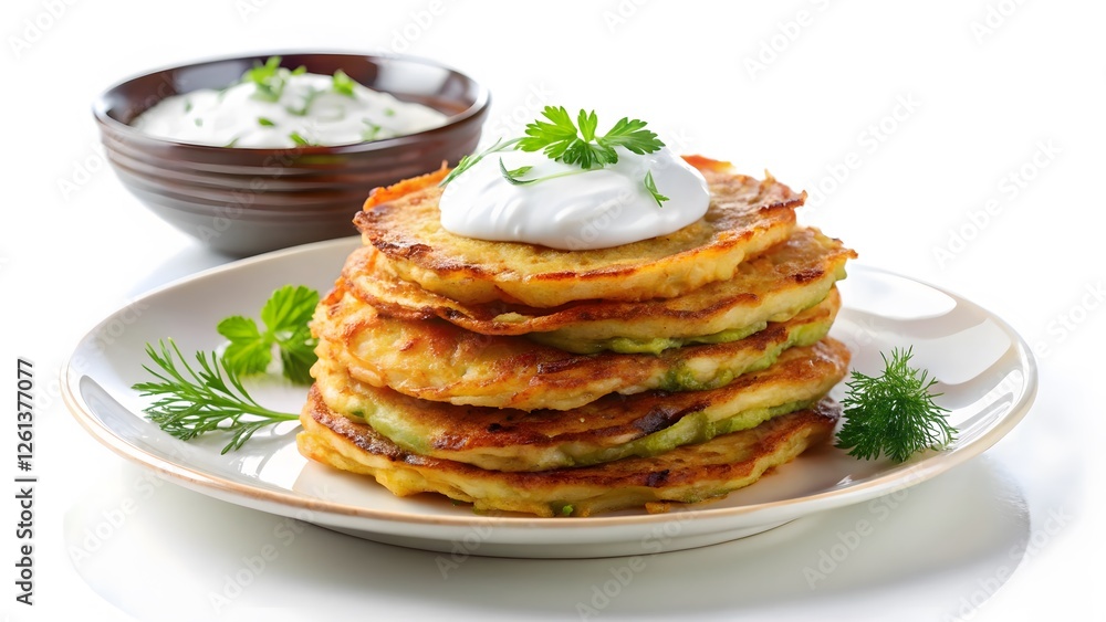 Stack of Potato and Zucchini Pancakes with Sour Cream Stack of Potato and Zucchini Pancakes with Sour Cream
