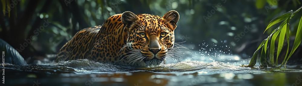 Obraz premium Leopard in jungle river, lush greenery, intense and focused, dynamic action