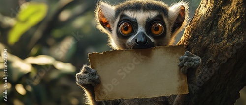 Lemur holding a blank sign, in a tree, wideeyed expression photo