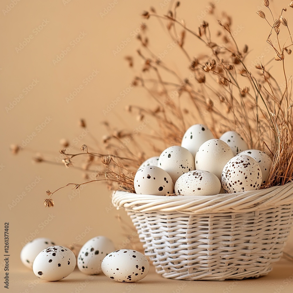 Obraz premium Gathering easter eggs in a cozy basket indoor setting still life warm atmosphere close-up view seasonal decor
