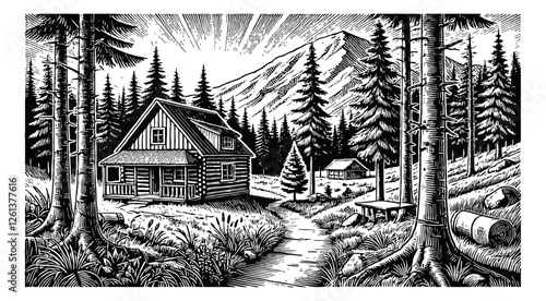 small cabin in the woods with mountains in the background engraving black and white outline