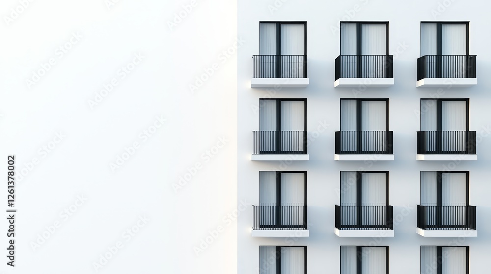 residential building exterior, repetitive balcony pattern, sleek window design, urban aesthetic, isolated on white background residential building exterior, repetitive balcony pattern, sleek window design, urban aesthetic, isolated on white background
