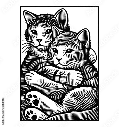 two cats hugging engraving black and white outline