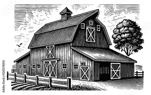 barn farm engraving black and white outline