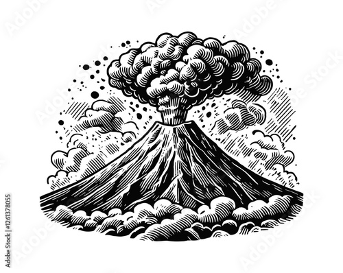 volcanic mountain erupting engraving black and white outline